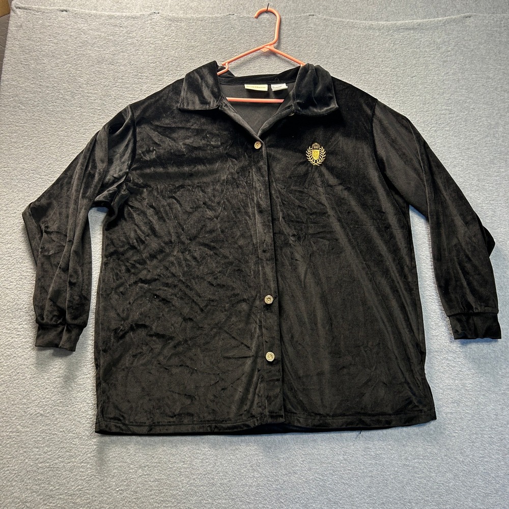 Jaclyn Smith Button Front Blouse‎ Womens 1X Black Crest Embroidered Long Sleeve